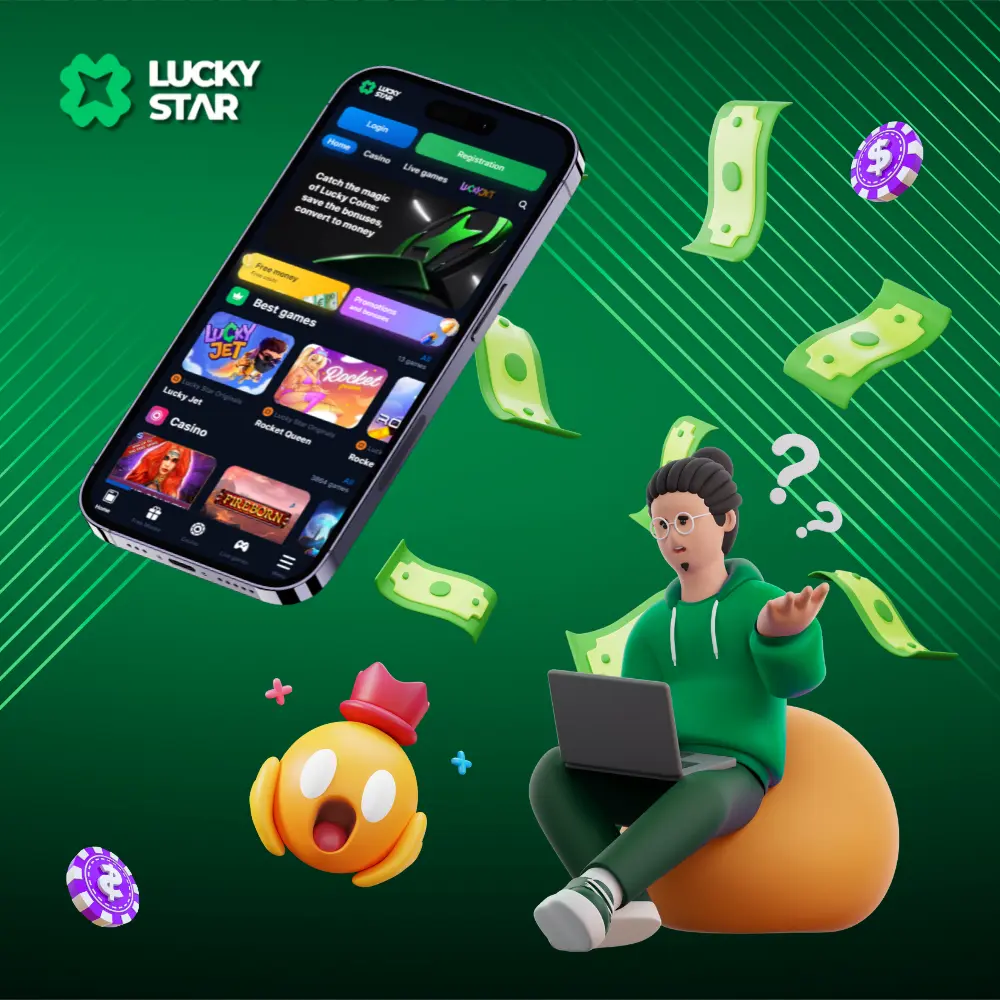 Person sitting with a laptop, looking puzzled, surrounded by flying money and a smartphone displaying the Lucky Star sobre app on a green background.