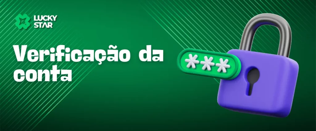 Texto Verificação da conta com ícone de cadeado roxo em fundo verde, exibindo o logotipo da Lucky Star.