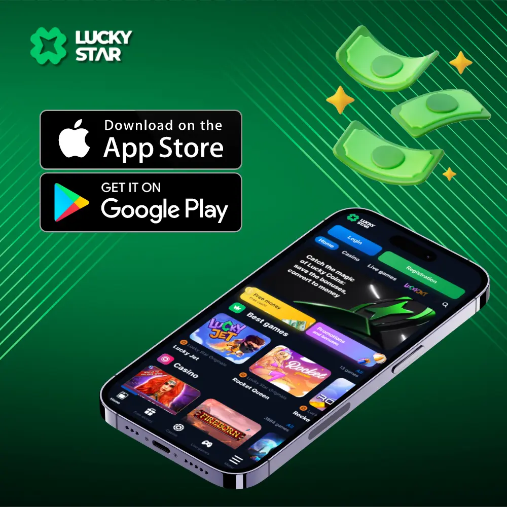 Smartphone exibindo a interface do aplicativo Lucky Star com botões de download da App Store e do Google Play em um fundo verde.