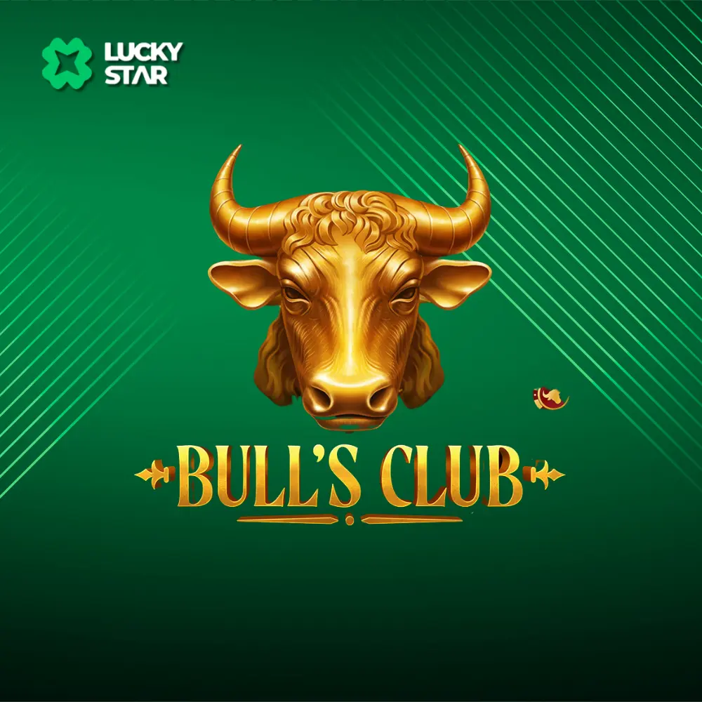 Uma imagem promocional do cassino LuckyStar com o logotipo do jogo Bull's Club com uma cabeça de touro dourada em um fundo verde.