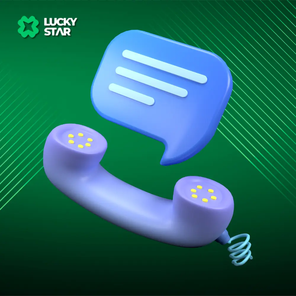 Ícone de contato com um telefone azul e um balão de bate-papo em um fundo verde com o logotipo da Lucky Star.