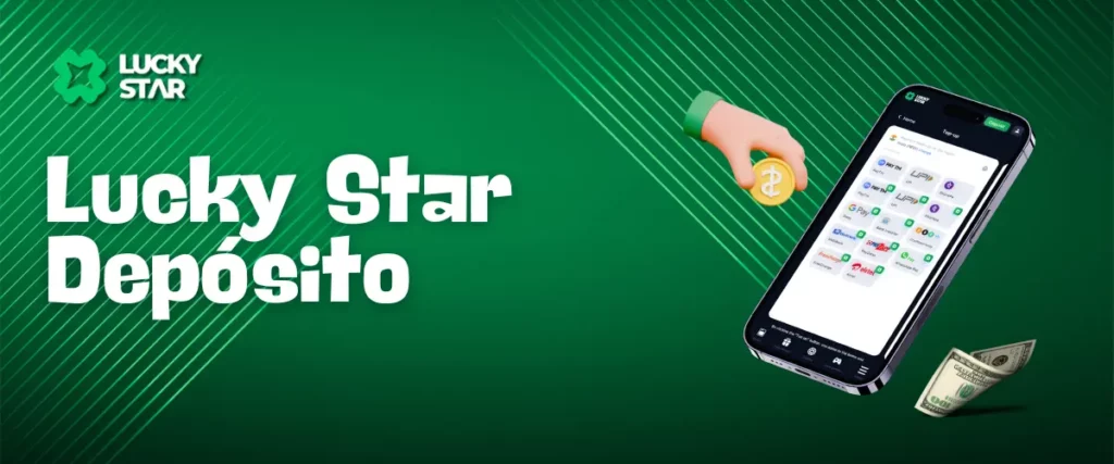 Processo de pagamento on-line seguro com cartão de crédito, smartphone e moedas de dólar em um fundo verde com o logotipo da Lucky Star.