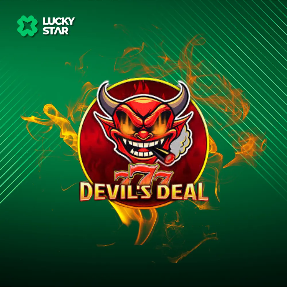 Uma imagem promocional do cassino Lucky Star apresentando o logotipo do jogo Devil's Deal com um personagem diabólico e chamas, sobre um fundo verde.