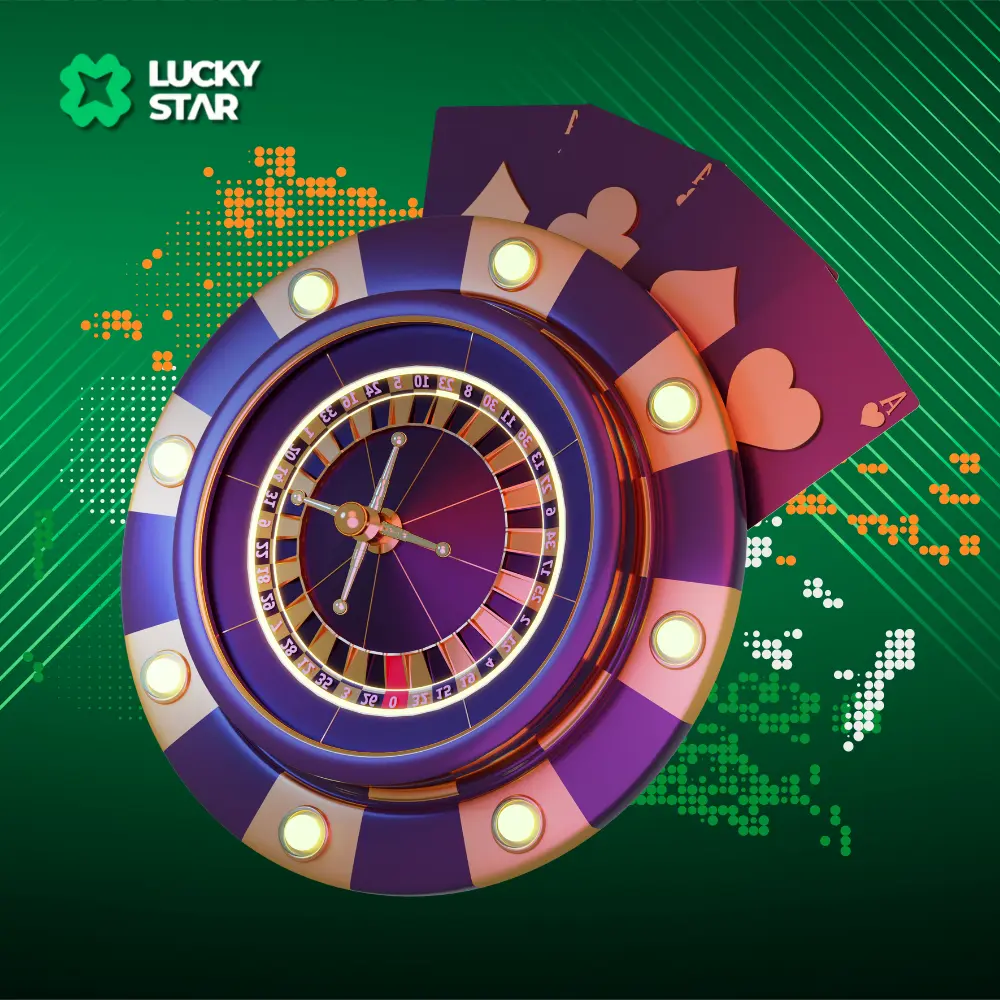 Uma imagem promocional do cassino Lucky Star Hindi Roulette apresentando uma roleta com cartas de baralho, sobre um fundo verde com um padrão digital estilizado.