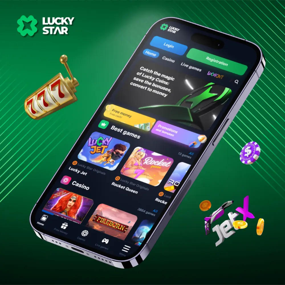 Smartphone exibindo a interface do Lucky Star com jogos populares como Lucky Jet e Rocket Queen em fundo verde.