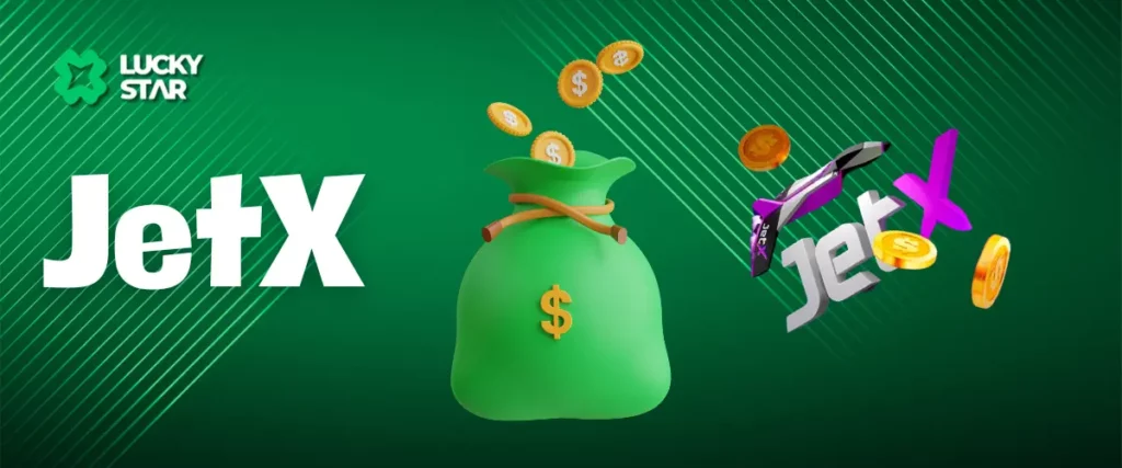 Um banner promocional da Lucky Star para o jogo JetX, apresentando uma bolsa de dinheiro verde com moedas voadoras e o logotipo JetX, em um fundo verde.