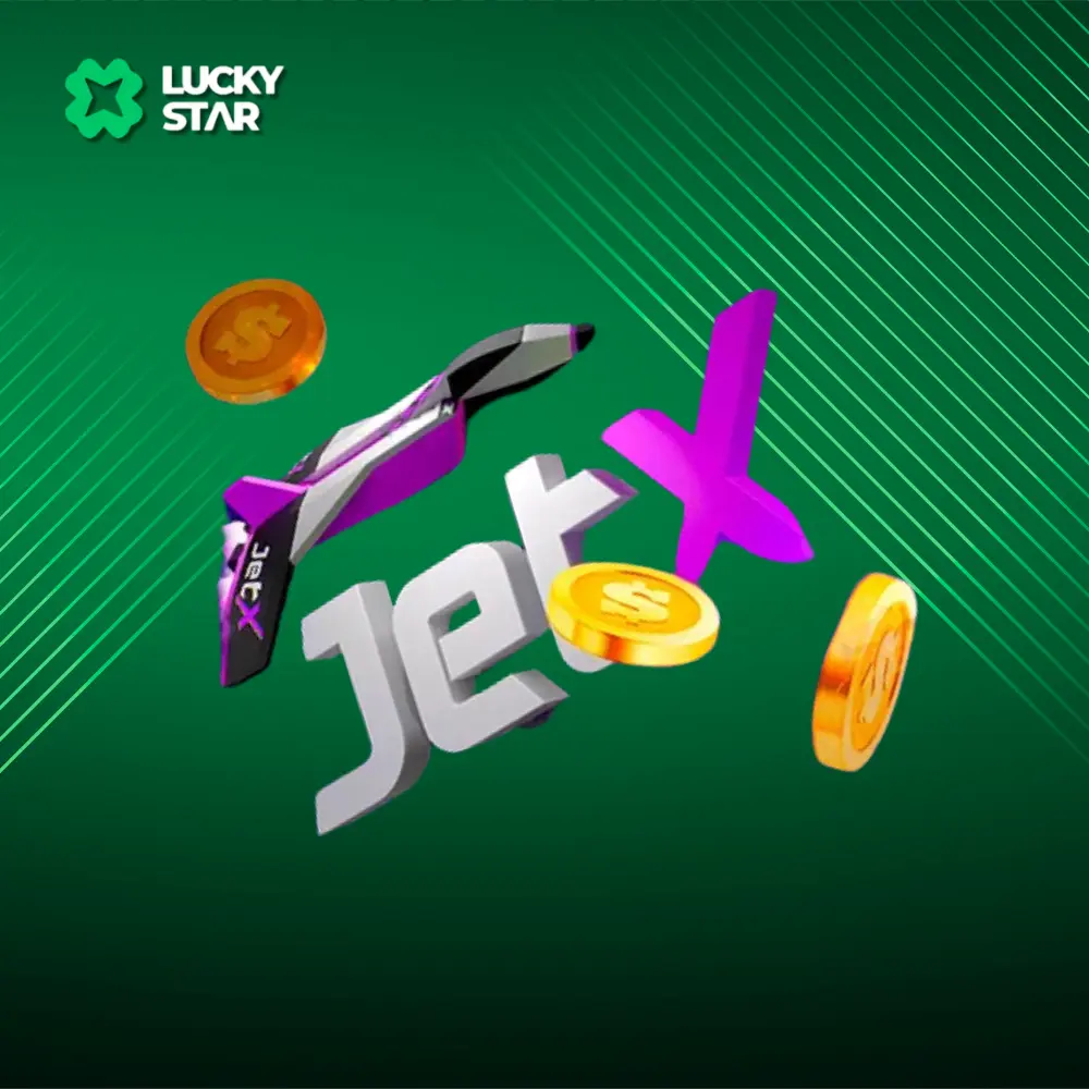 Uma imagem do logotipo do jogo JetX com moedas voando, em um fundo verde com a marca do cassino Lucky Star.