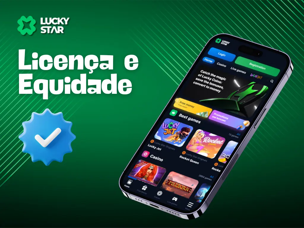 Texto Licença e Equidade com ícone de marca de seleção azul e smartphone exibindo a interface do Lucky Star em fundo verde.