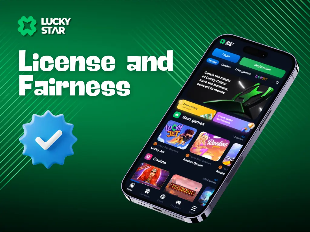 License and Fairness text with a blue checkmark icon and a smartphone displaying the LuckyStar casino interface on a green background.