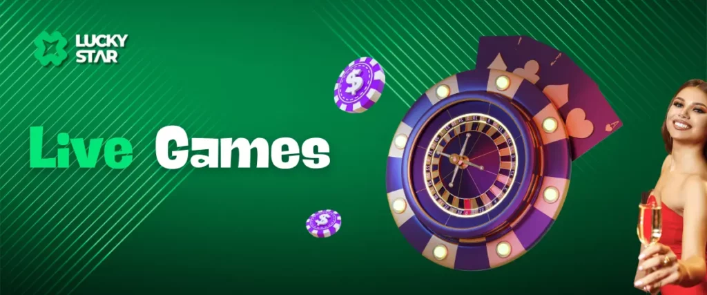 Live Games text with a roulette wheel, poker chips, playing cards, and a woman holding a glass on a green background.