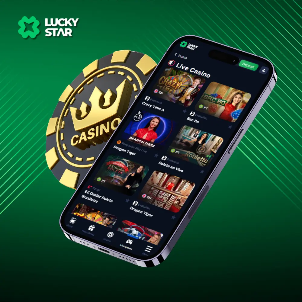 Smartphone exibindo jogos do Lucky Star Live Games com ícone de ficha de cassino em fundo verde.