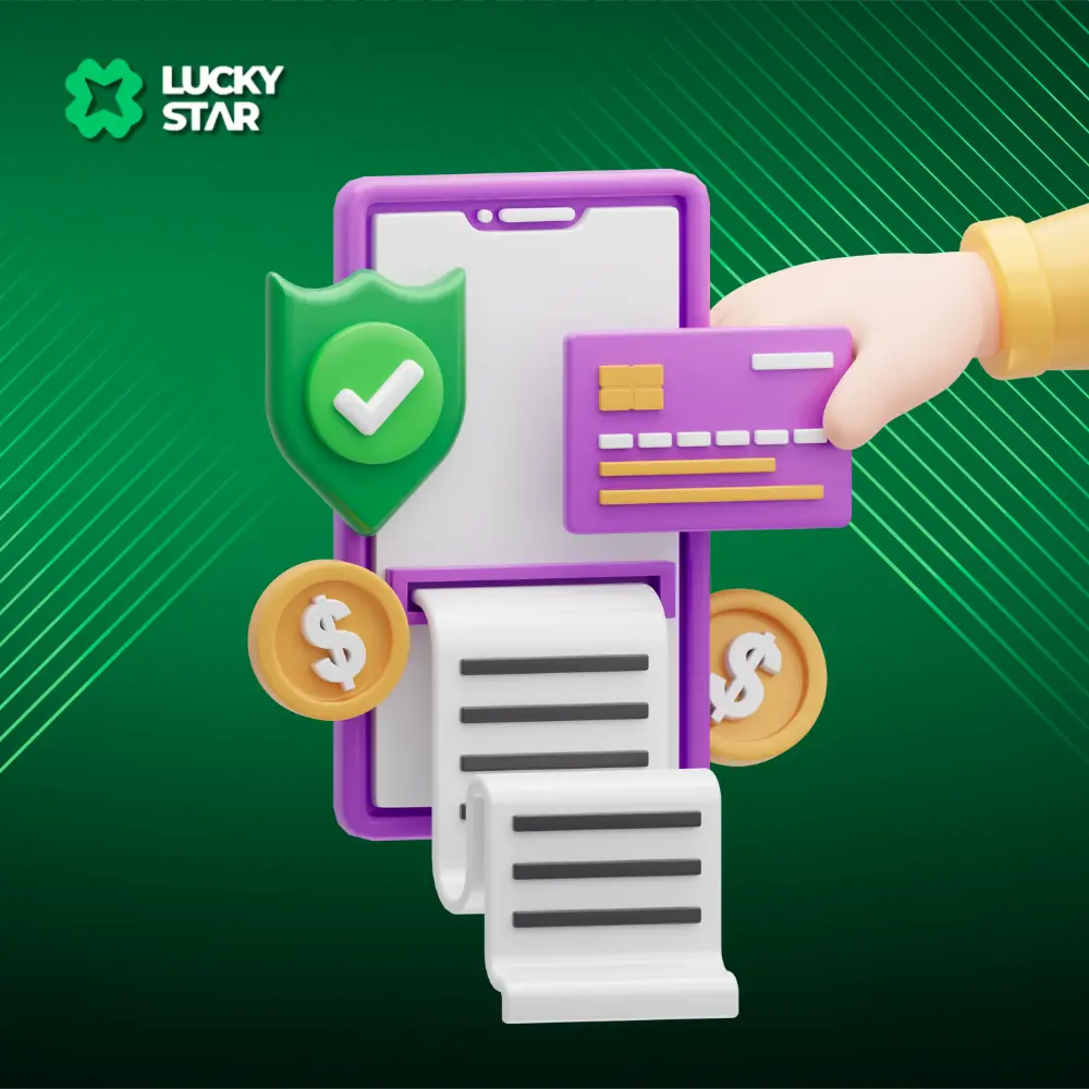 Processo de pagamento on-line seguro com cartão de crédito, smartphone e moedas de dólar em um fundo verde com o logotipo da Lucky Star.