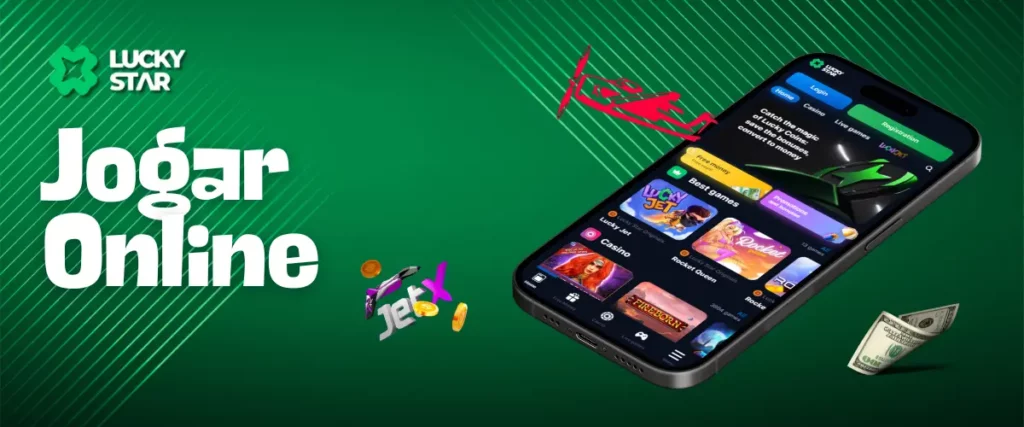 Jogue texto online com um smartphone exibindo o aplicativo Lucky Star, o ícone do jogo JetX e uma nota de dólar em um fundo verde.