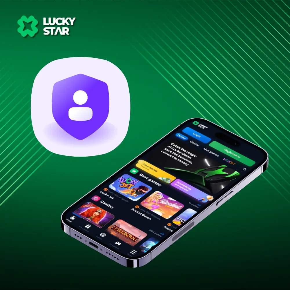 Ícone de privacidade com um escudo roxo e símbolo de usuário ao lado de um smartphone exibindo o aplicativo do cassino Lucky Star em um fundo verde.