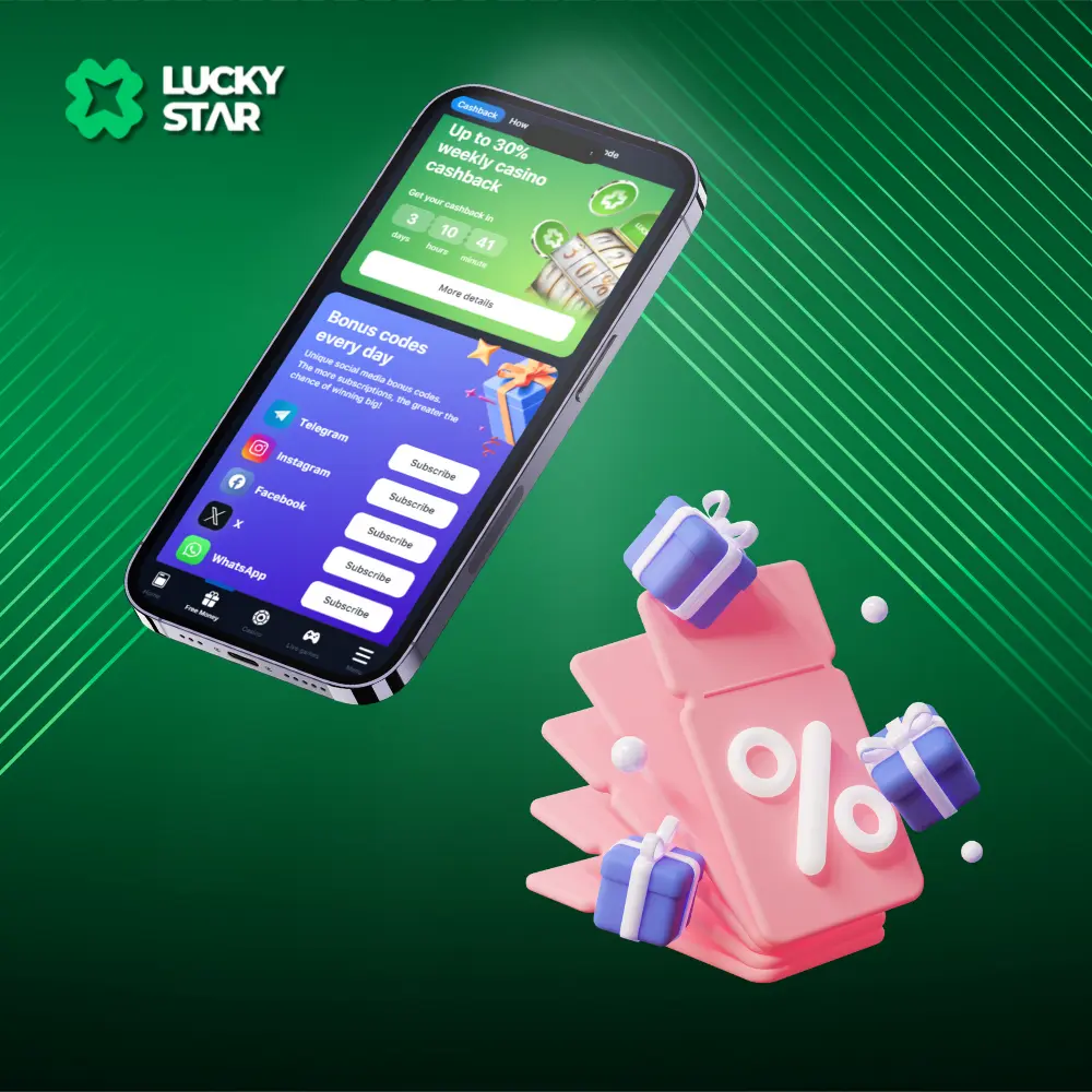 Smartphone exibindo códigos de bônus Lucky Star e ofertas de cashback com ícones de porcentagem e presente em um fundo verde.