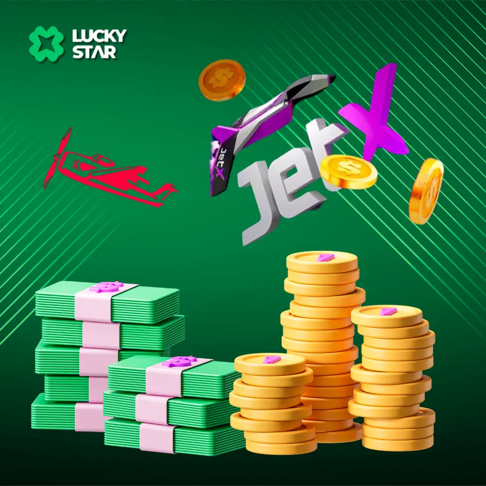 Ícone do jogo JetX com pilhas de dinheiro e moedas em um fundo verde com o logotipo da Lucky Star.