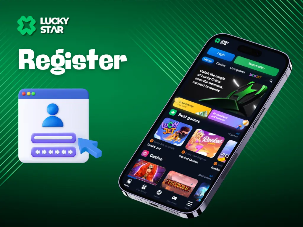 Register now screen with user login icon and smartphone displaying Lucky Star casino app