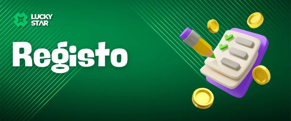 Lista de verificação do processo de registro com um lápis e moedas de ouro em um fundo verde com o logotipo da Lucky Star Registro.