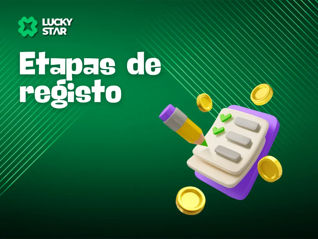 Lista de verificação de etapas de registro com um lápis e moedas de ouro em um fundo verde com o logotipo Lucky Star Registro.