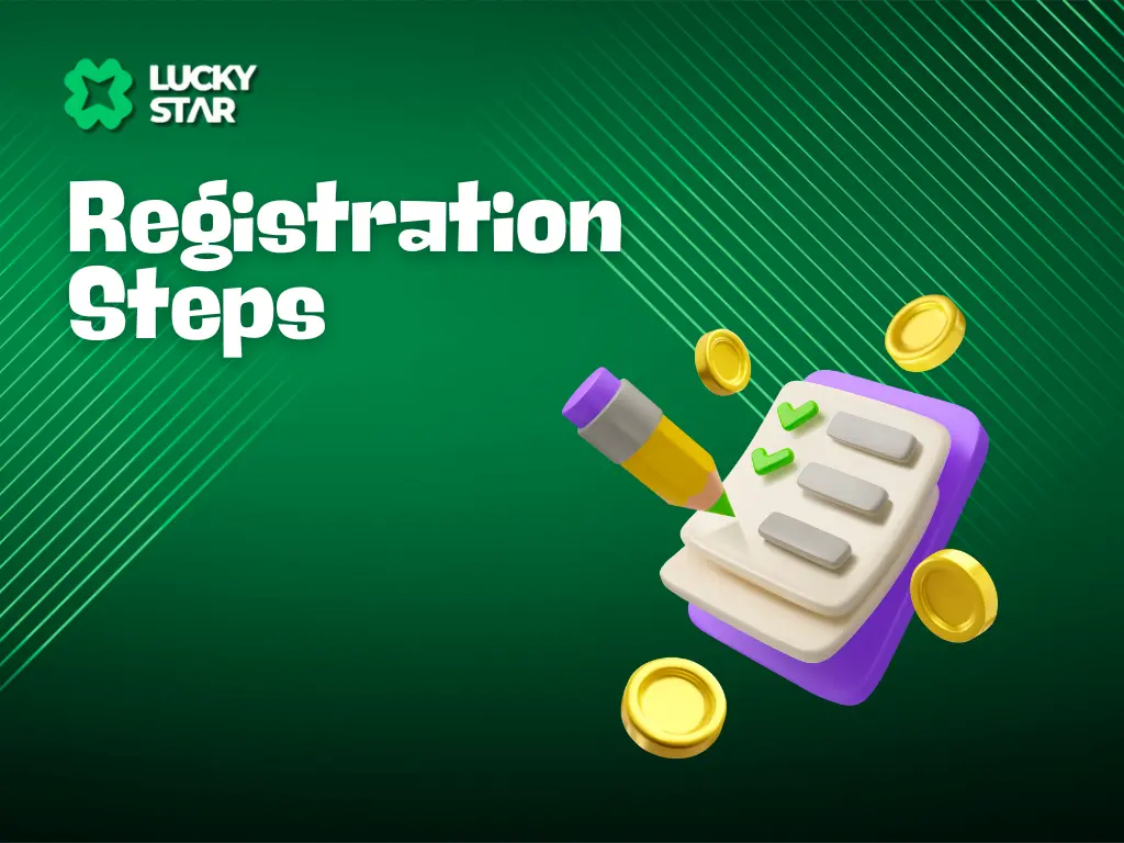 Registration steps checklist with a pencil and gold coins on a green background featuring the Lucky Star Registration.