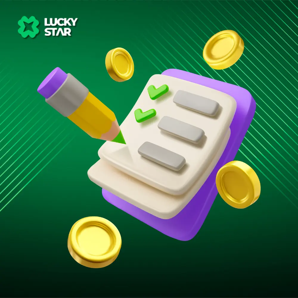 Checklist icon with a pencil and gold coins on a green background featuring the Lucky Star Registration.