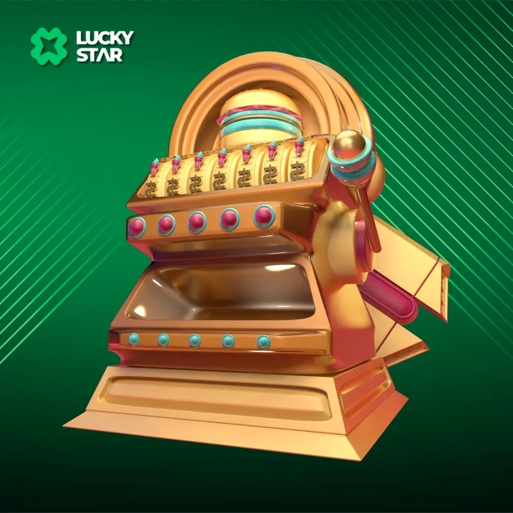 Ícone de máquina caça-níqueis dourada em fundo verde com o logotipo da Lucky Star Slots.