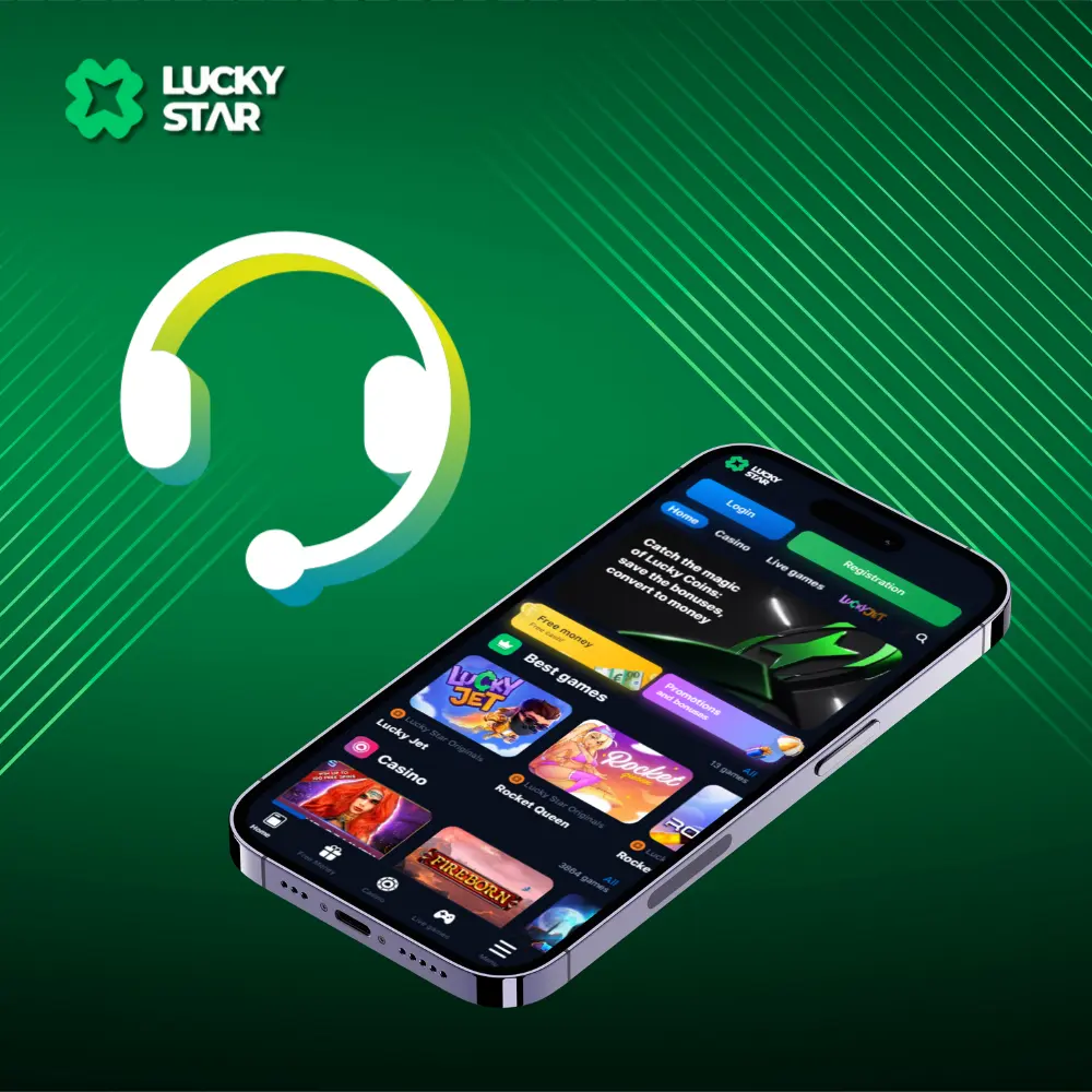 Ícone de suporte com um fone de ouvido ao lado de um smartphone que exibe o aplicativo do cassino Lucky Star em um fundo verde.