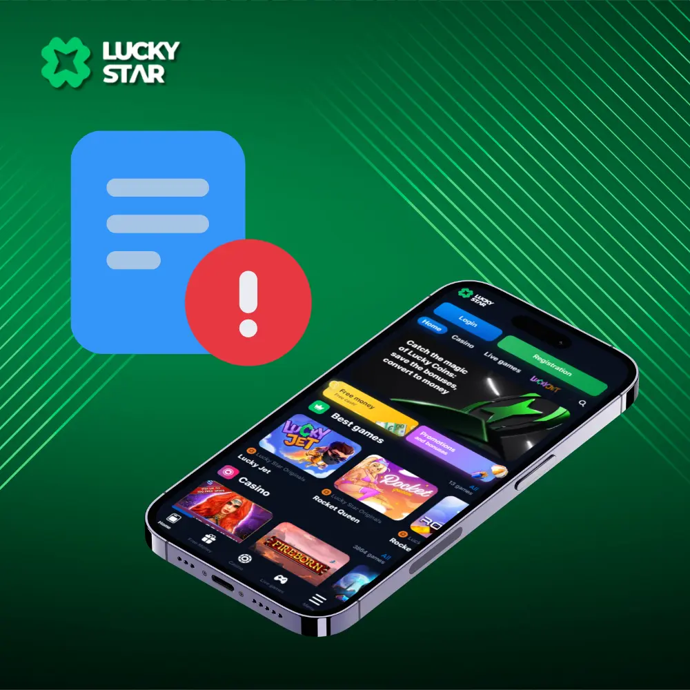 Um smartphone exibindo a interface do cassino LuckyStar com um ícone de aviso sobre termos e condições importantes em um fundo verde gradiente.