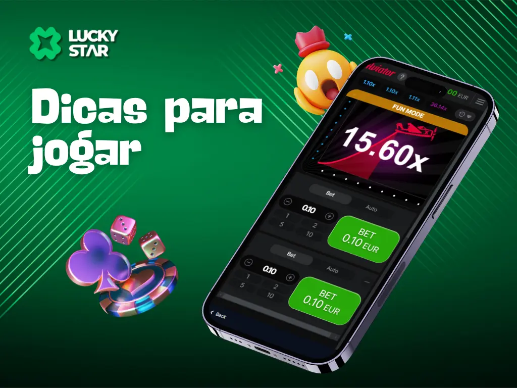 Texto Dicas para jogar com smartphone exibindo o jogo Aviator em fundo verde, com ícones de jogo e logotipo da Lucky Star.