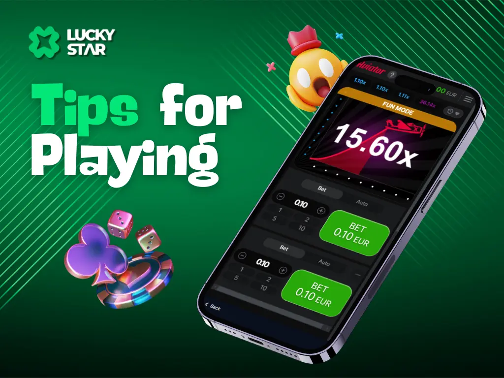 Tips for Playing text with a smartphone displaying the Aviator game on a green background, featuring the LuckyStar logo and gaming icons.