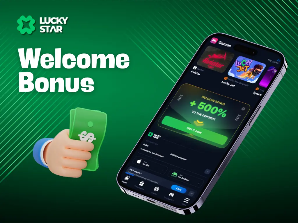 LuckyStar casino mobile app displaying a 500% welcome bonus offer with games like Aviator and Lucky Jet.