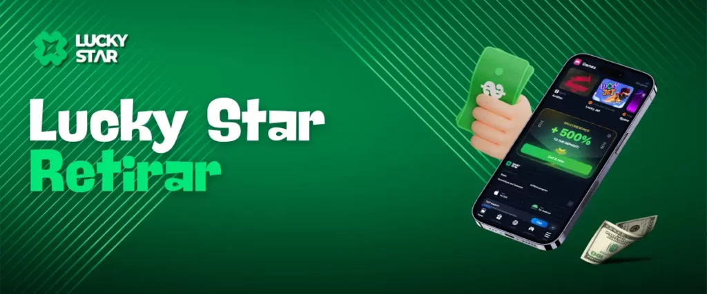 Opções de depósito exibidas na tela de um smartphone com uma mão segurando uma moeda, com o logotipo da Lucky Star.